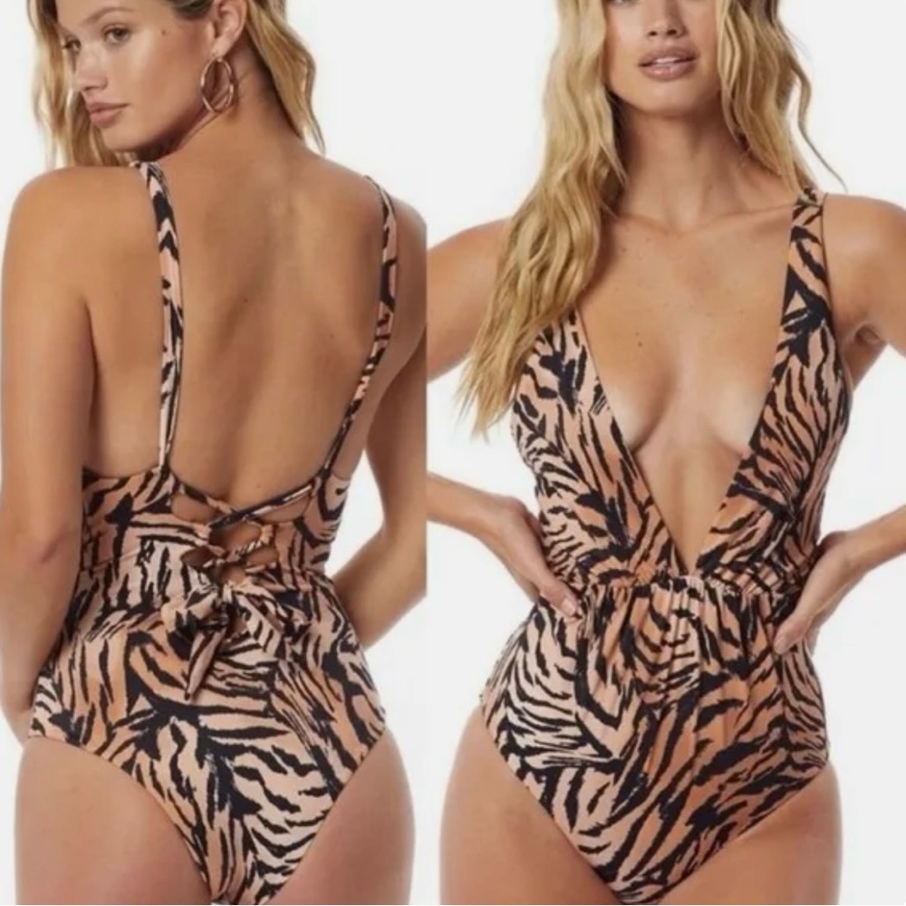 TORI PRAVER Andie One Piece Animal Print Deep Plunging Swimsuit